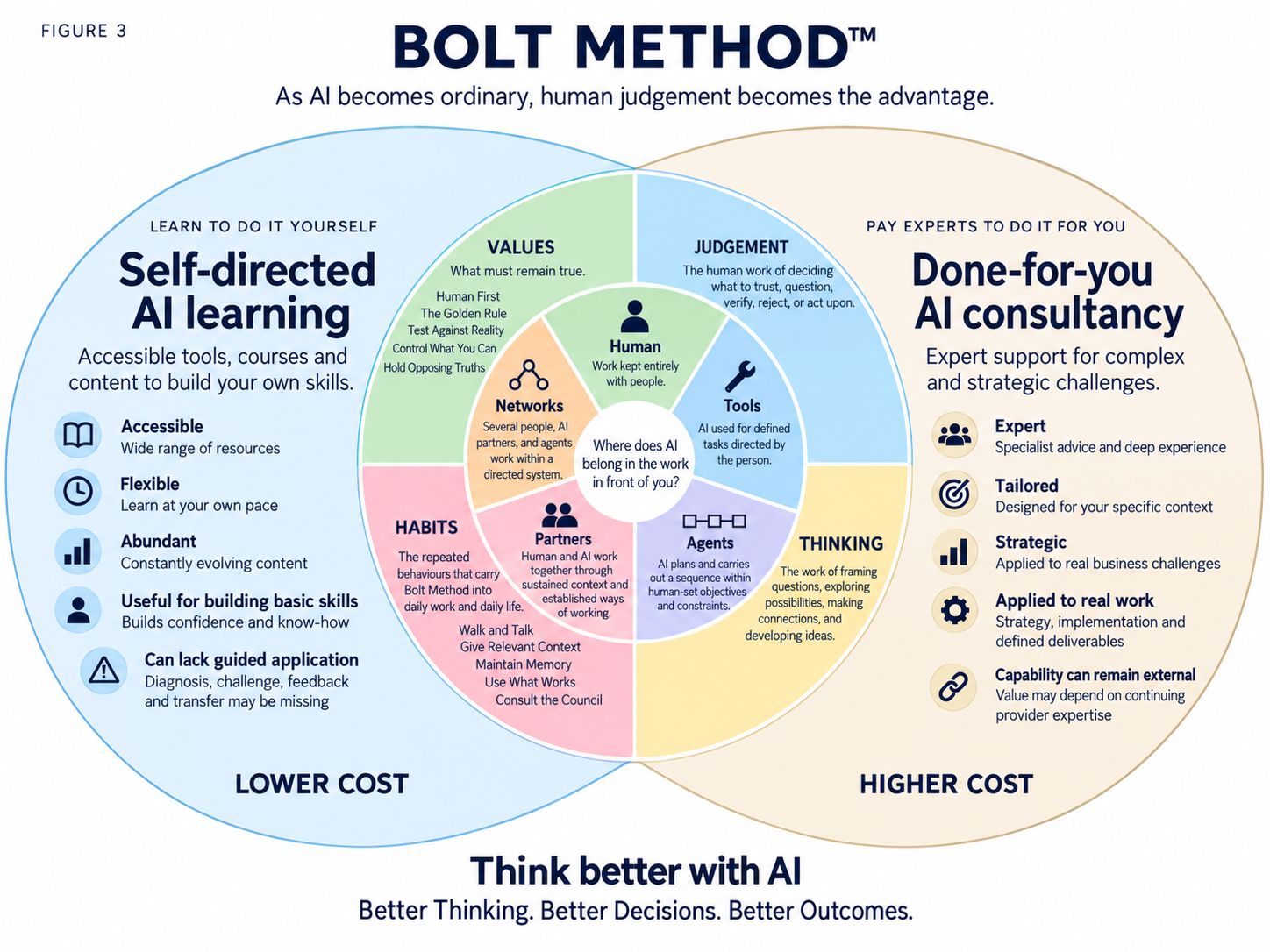 Bolt Method: five Ways of Working With AI, shaped by Values, Judgement, Thinking and Habits, between self-directed AI learning and done-for-you AI consultancy.